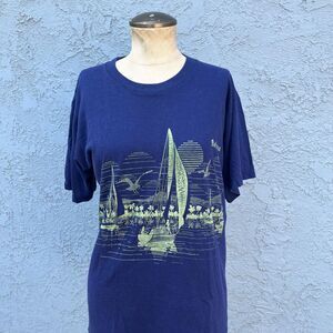 80s Bahamas Sailboat T shirt Vintage Tee Navy Blue M/L Single Stitch